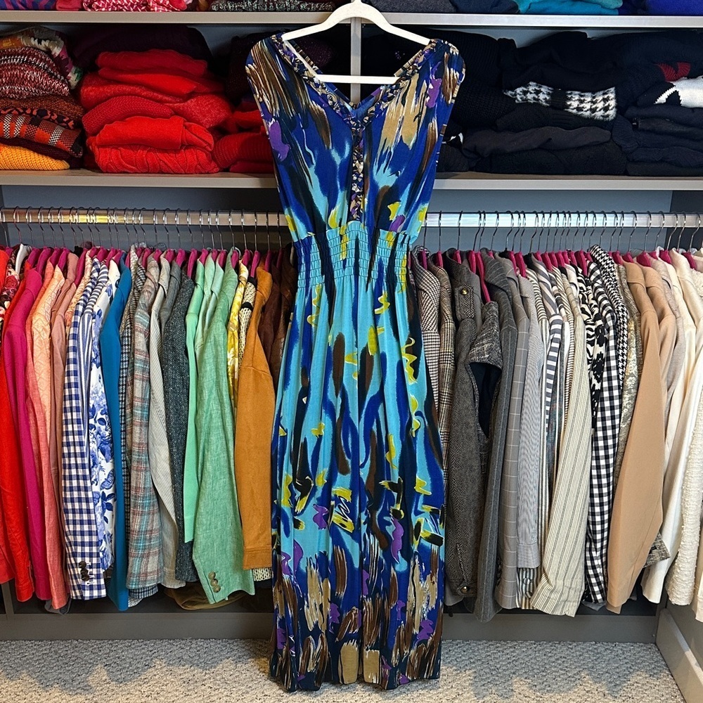 Unbranded blue/yellow sleeveless braided v neck elastic waist maxi dress size S